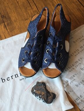 bernie mev. Navy Woven Marcelo Peep-Toe Slingback Sandals with Eyelet Laces